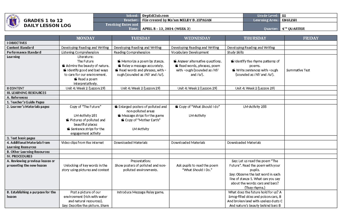 DLL English 3 Lesson Logs for Quarter 4 - Week 2 - Studocu