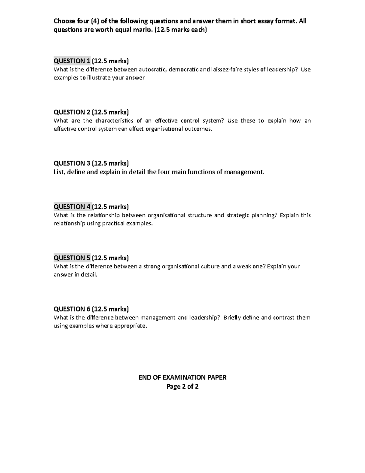 FINAL EXAM PAST YEAR PAPER (Helpful) - Introduction to Management - Studocu