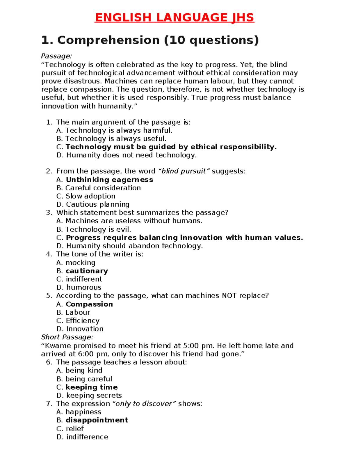 ENGLISH LANGUAGE JHS 1 Past Questions and Comprehension Exercises - Studocu