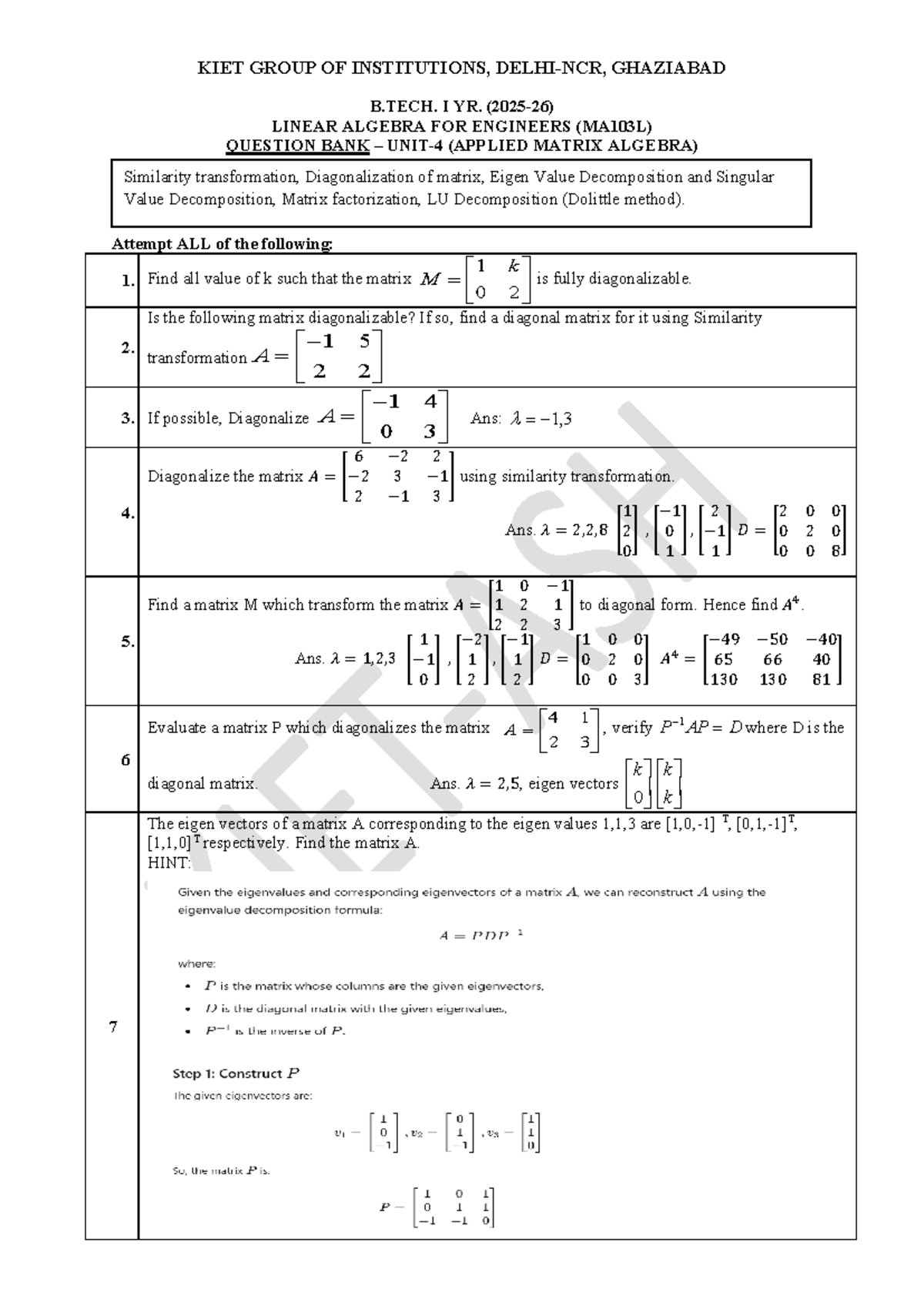B.TECH. I YR. MA103L LINEAR ALGEBRA QUESTION BANK (APPLIED MATRIX ...