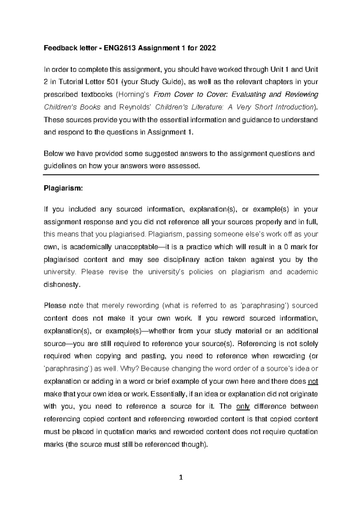 ENG2613 Assignment 01 Feedback Tutorial Letter 2022 - Feedback letter ...