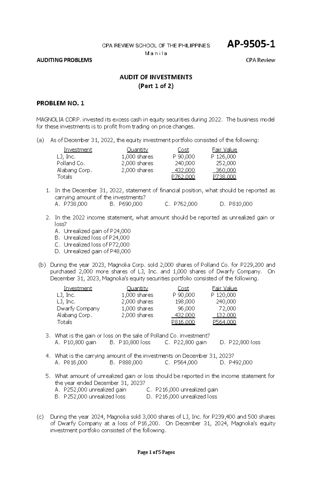 CPA REVIEW: AUDITING PROBLEMS ON INVESTMENTS (AP 9505-1) - Studocu