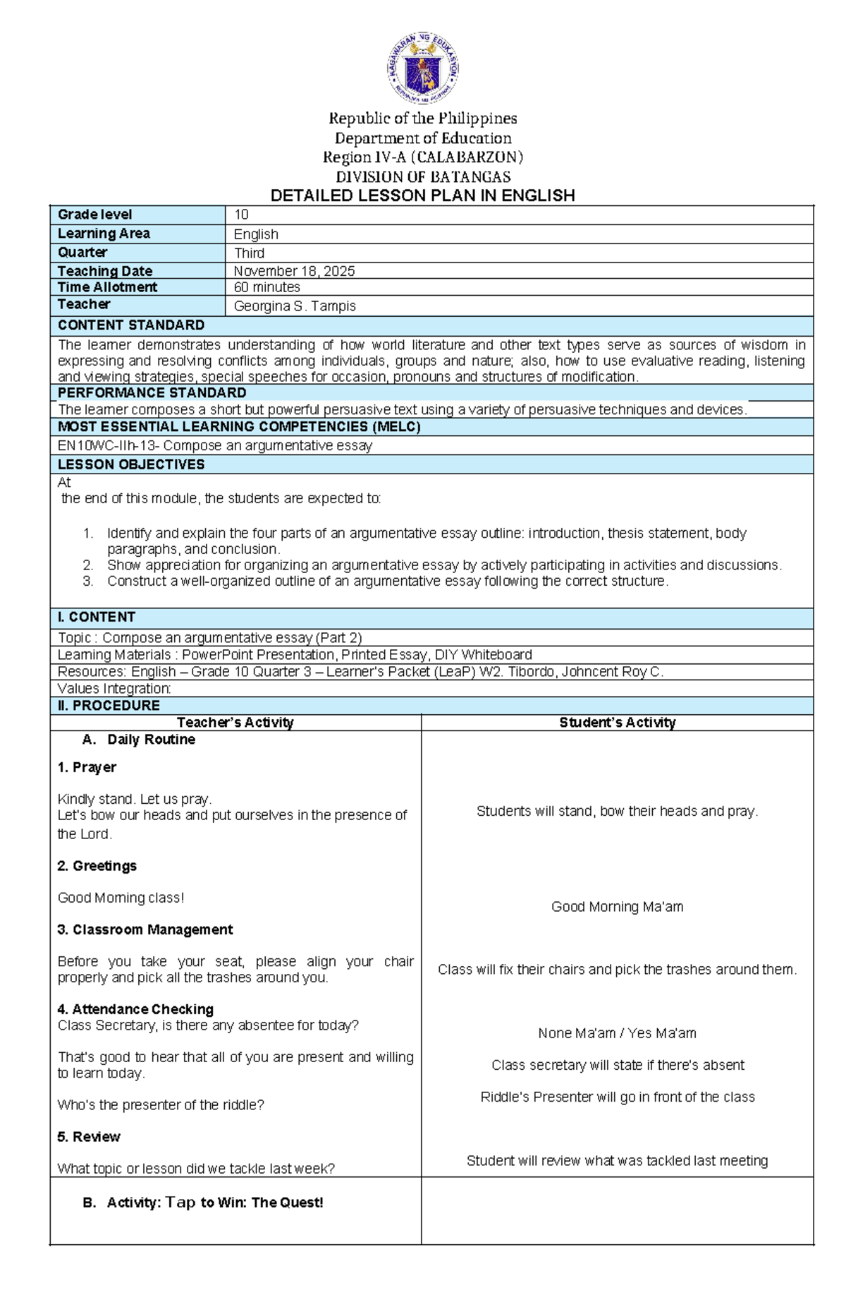 Detailed Lesson Plan in English 10: Argumentative Essay (Week 2) - Studocu