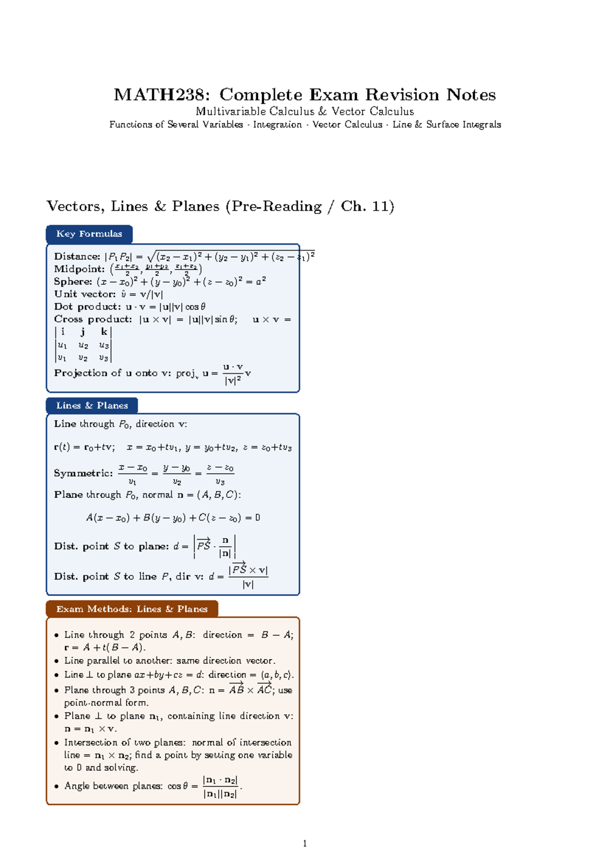 MATH238: Comprehensive Final Exam Revision Notes on Multivariable ...
