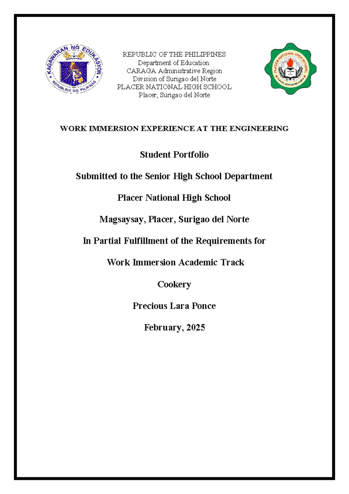 Work Immersion Portfolio for Cookery (SHS) - Placer National High ...