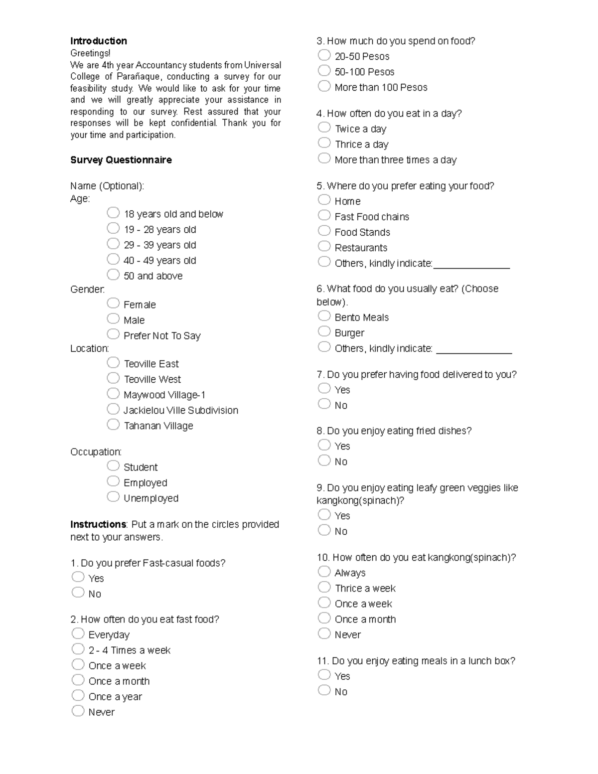 Feasib- Questionnaires - Introduction Greetings! We are 4th year ...