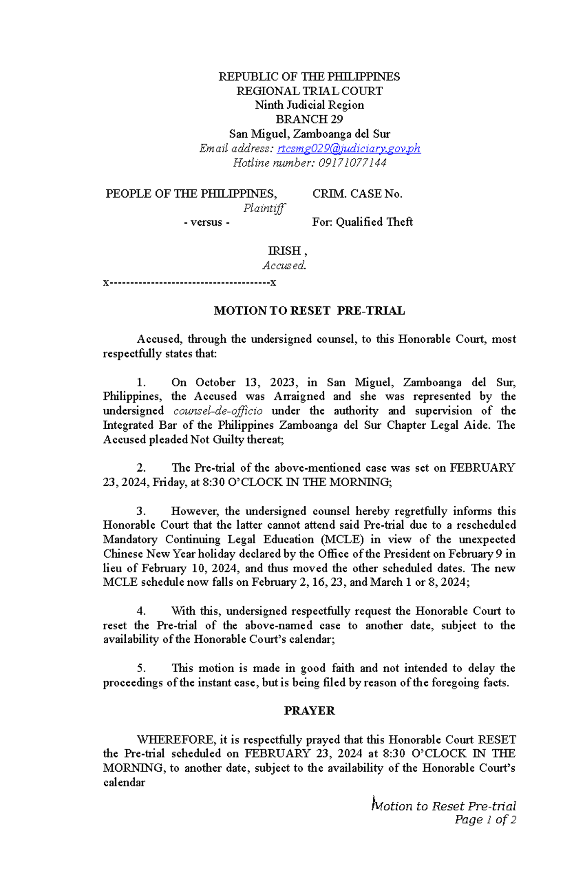 motion-to-reset-pre-trial-hearing-in-crim-case-no-for-qualified-theft