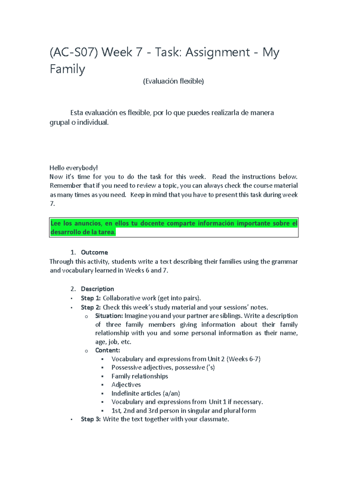 Week 7 Assignment: My Family Description Task (Evaluación flexible ...