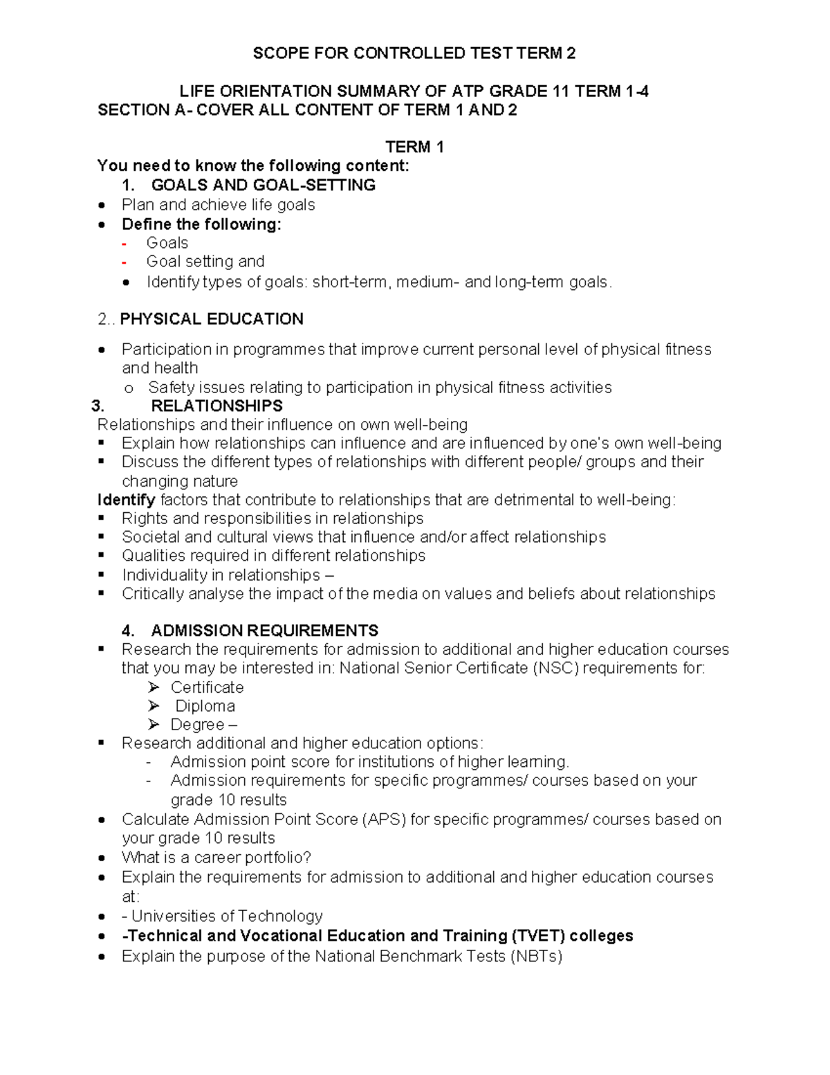 LO Grade 11 Term 2 Controlled Test Summary: Key Content Review - Studocu
