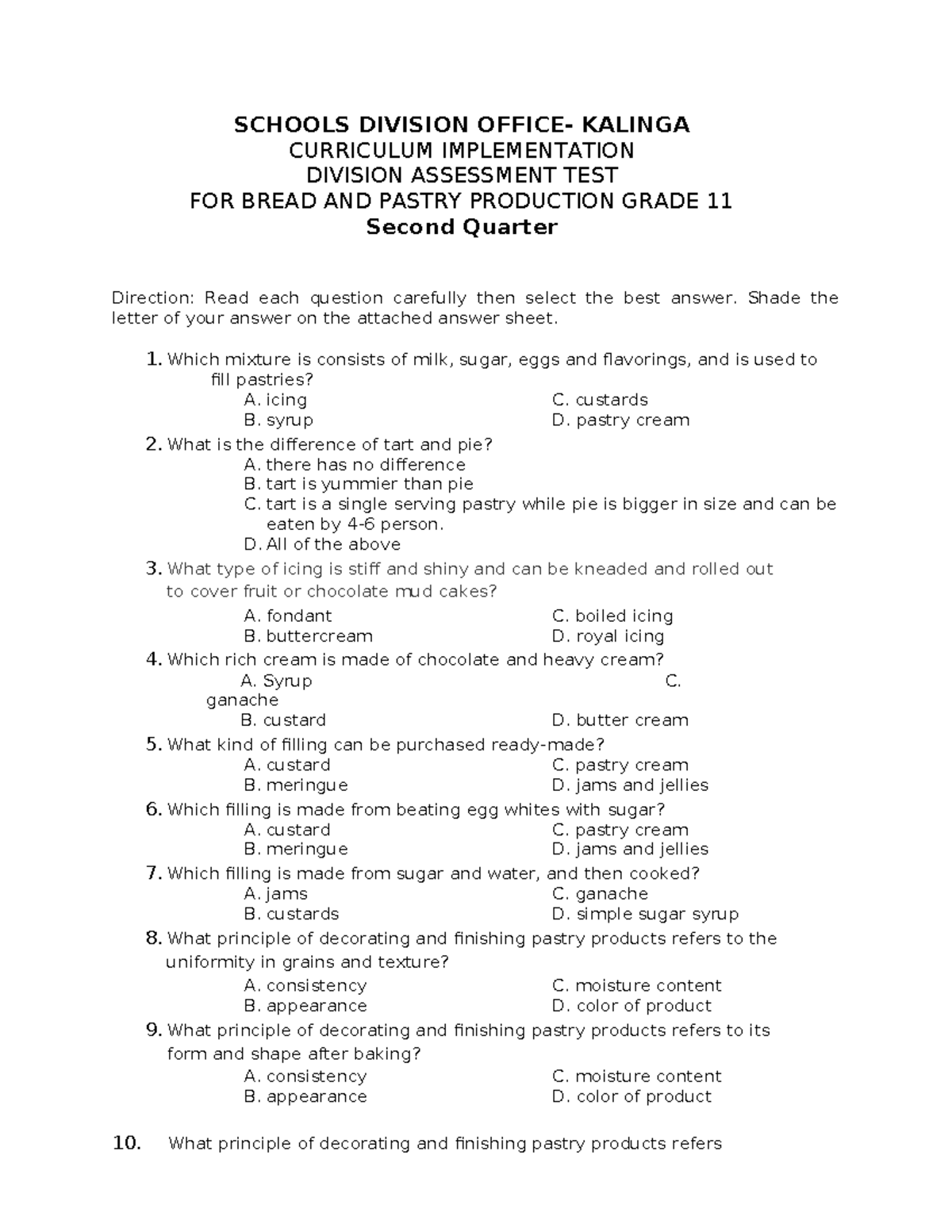 BPP 11 Bread and Pastry Production Assessment Test Q2 - Studocu