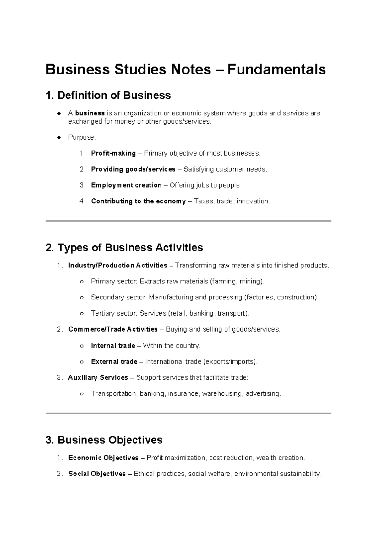 Business Studies Notes – Fundamentals 1: Key Concepts and Objectives ...