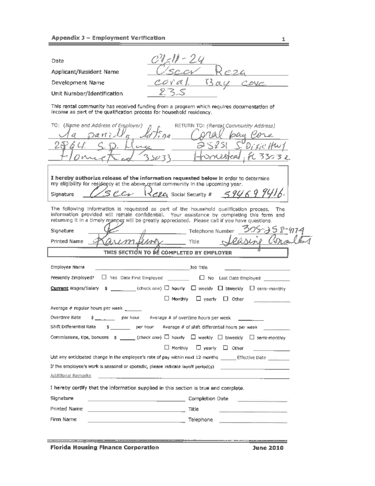 Employment Verification for Oscar Reza - Appendix J Employment ...