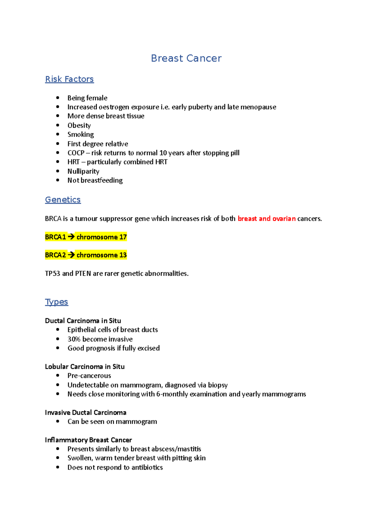 Breast Cancer - Medicine finals revision notes - Breast Cancer Risk ...