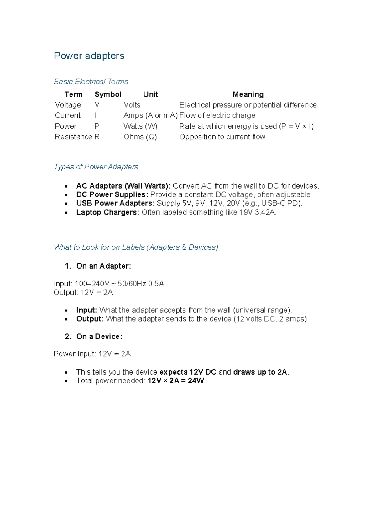 Power Adapters - Basic Electrical Terms & Types Notes - Studocu