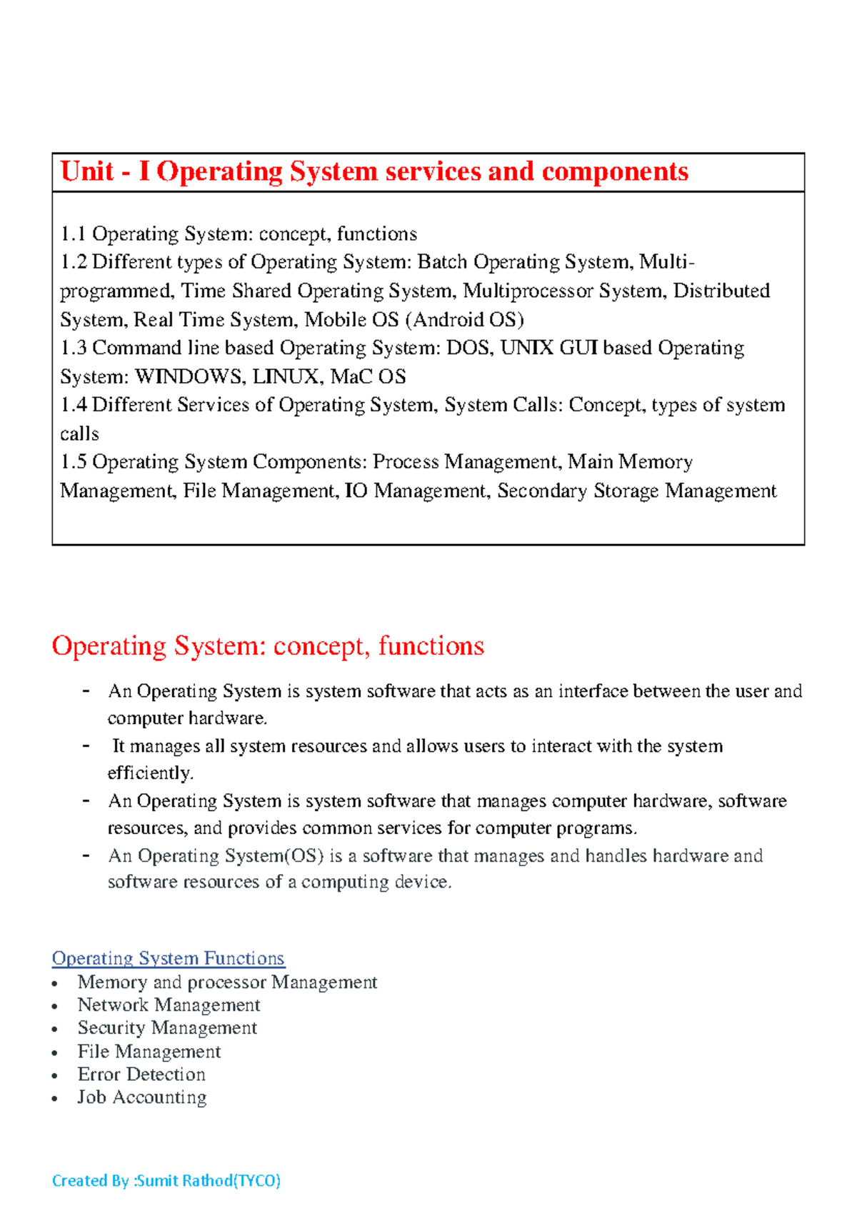 Operating System Unit I: Services, Components, and Types - Studocu