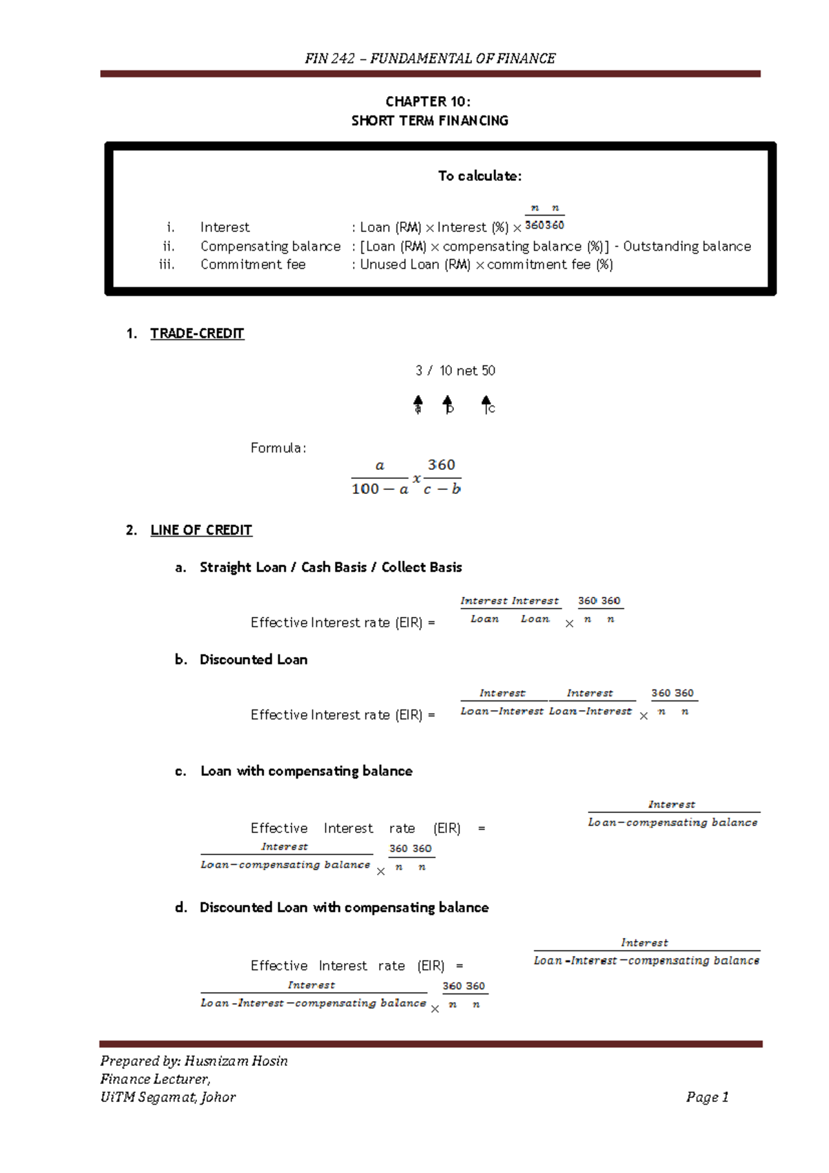 FIN 242: Chapters Notes on Short Term Financing Strategies - Studocu