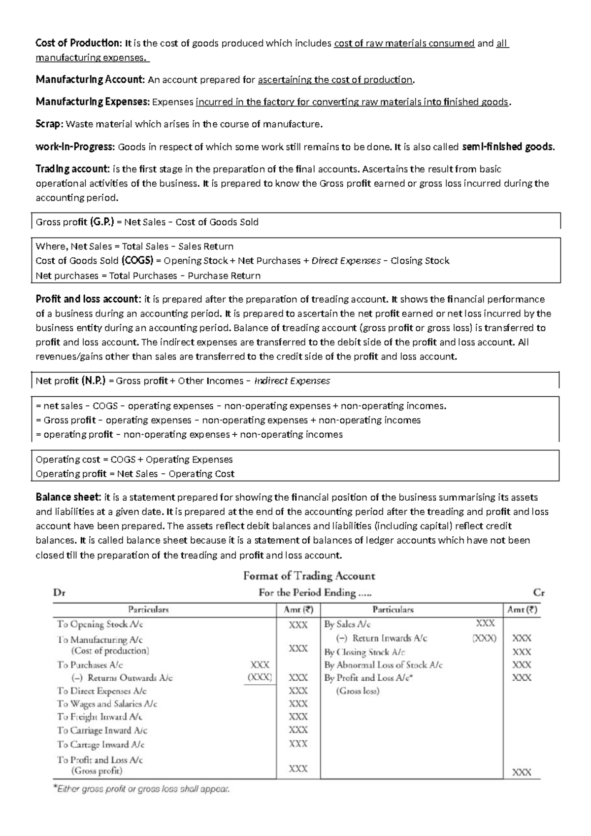 Final Account Notes: Cost of Production & Financial Statements - Studocu