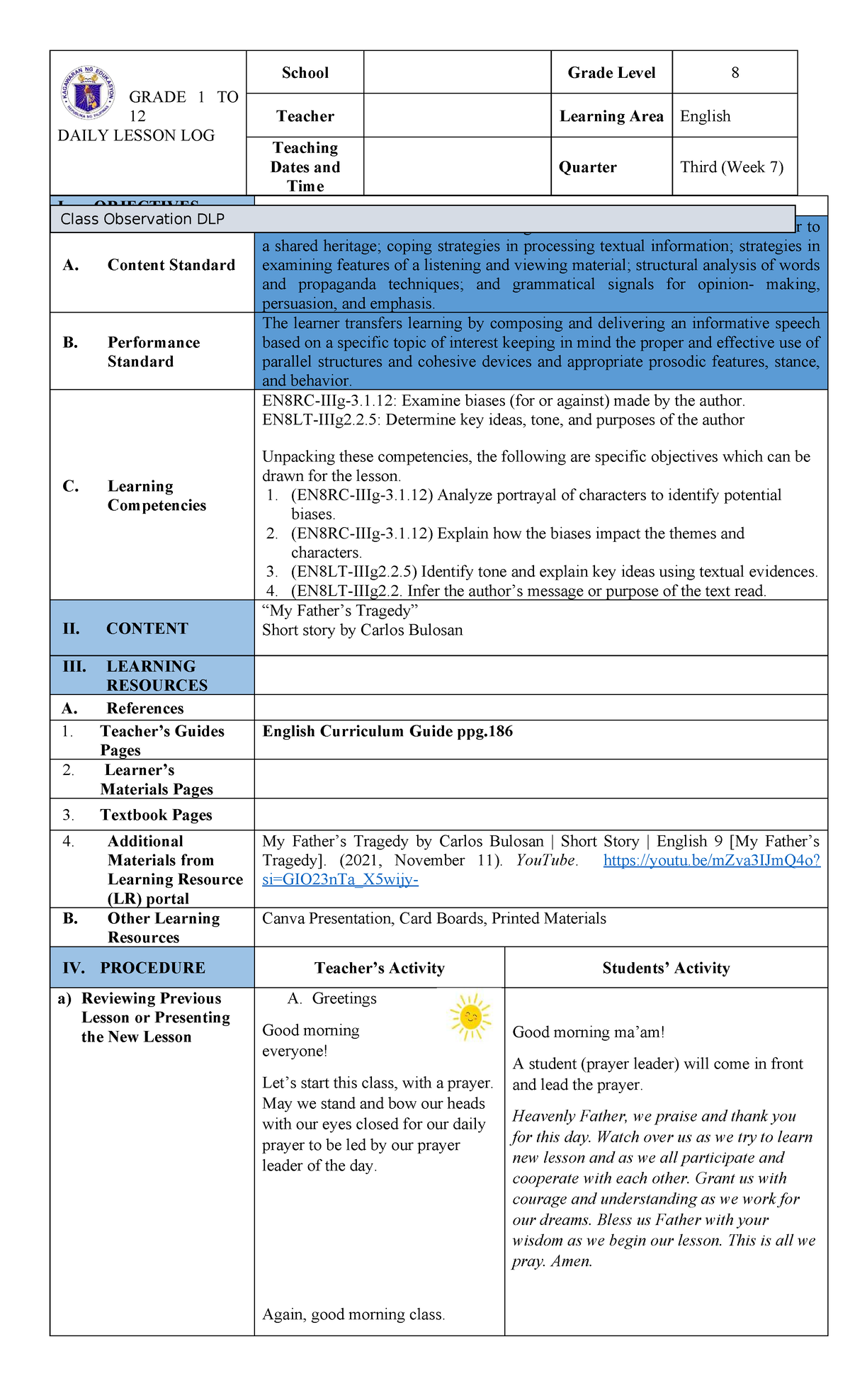 Grade 8 English Daily Lesson Log: Analyzing Bias in "My Tragedy" - Studocu