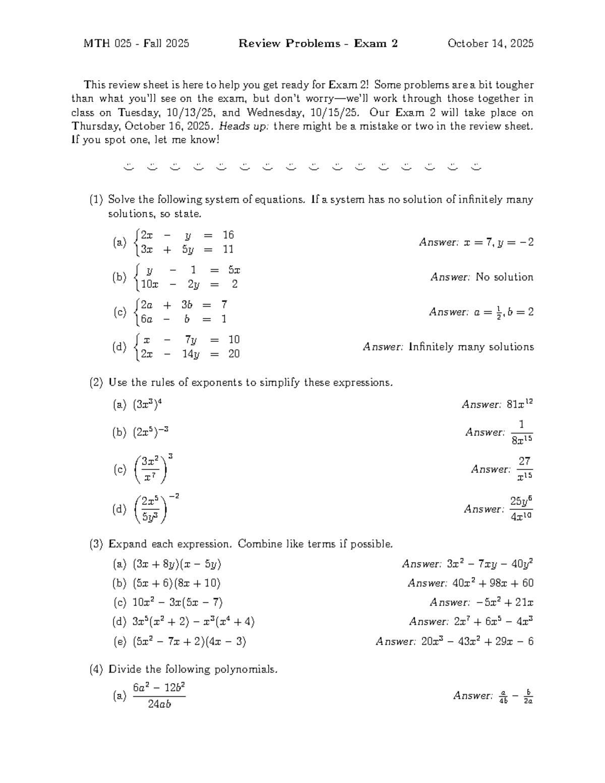MTH 025 - Fall 2025 Exam 2 Review Problems & Solutions - Studocu