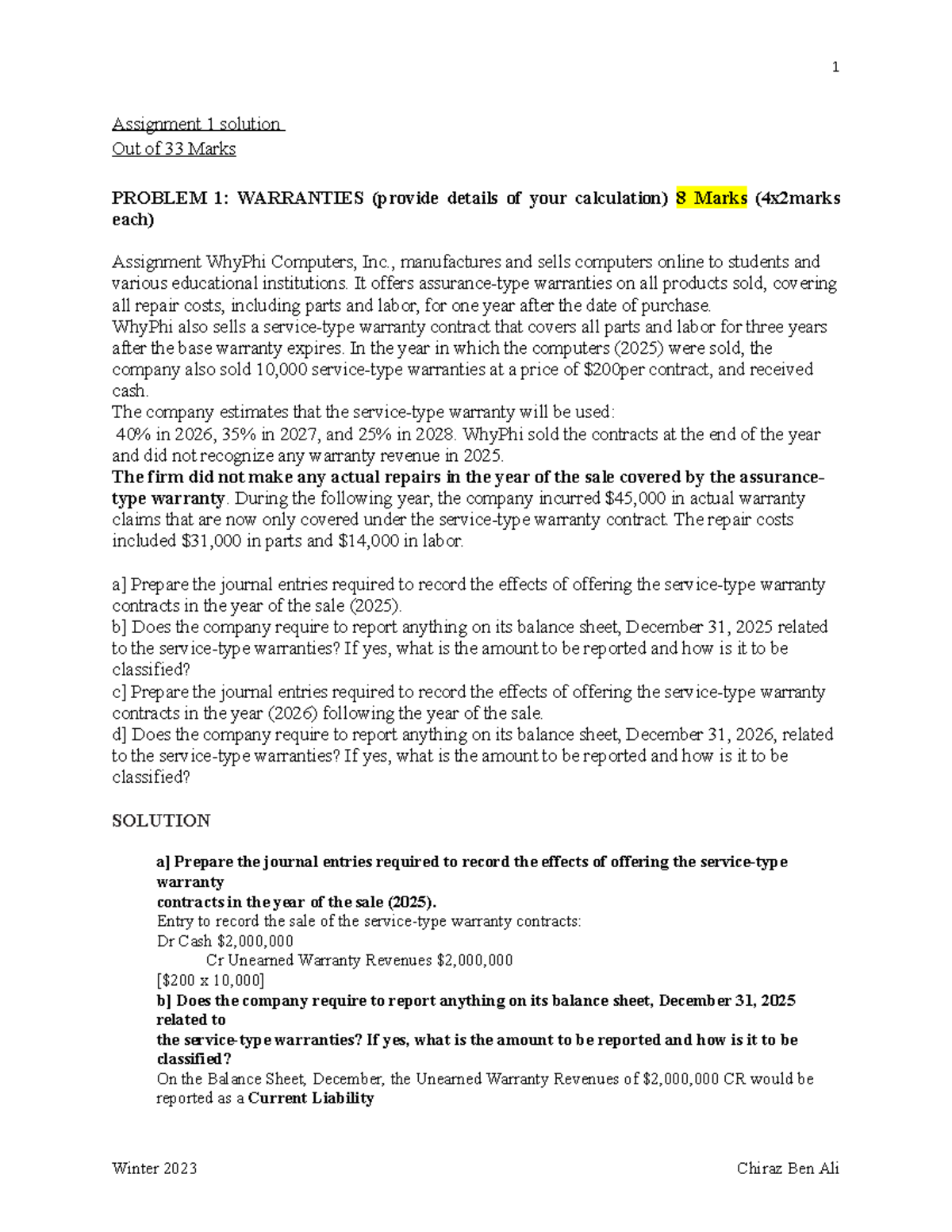 ACC 101 Assignment 1 Solutions - Winter 2023 Analysis and Calculations ...