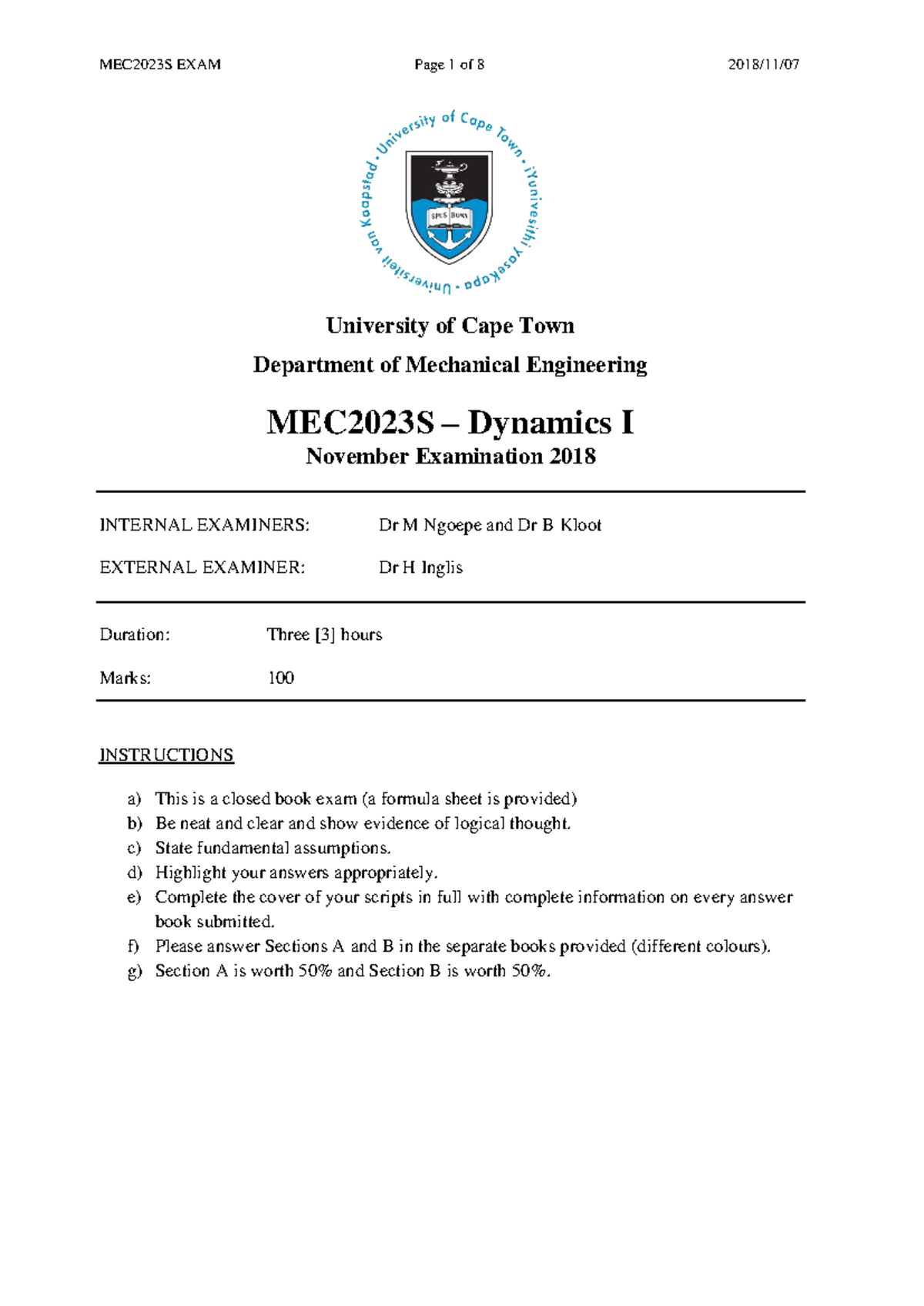 MEC2023S Dynamics I Final Exam Memo - November 2018 - Studocu