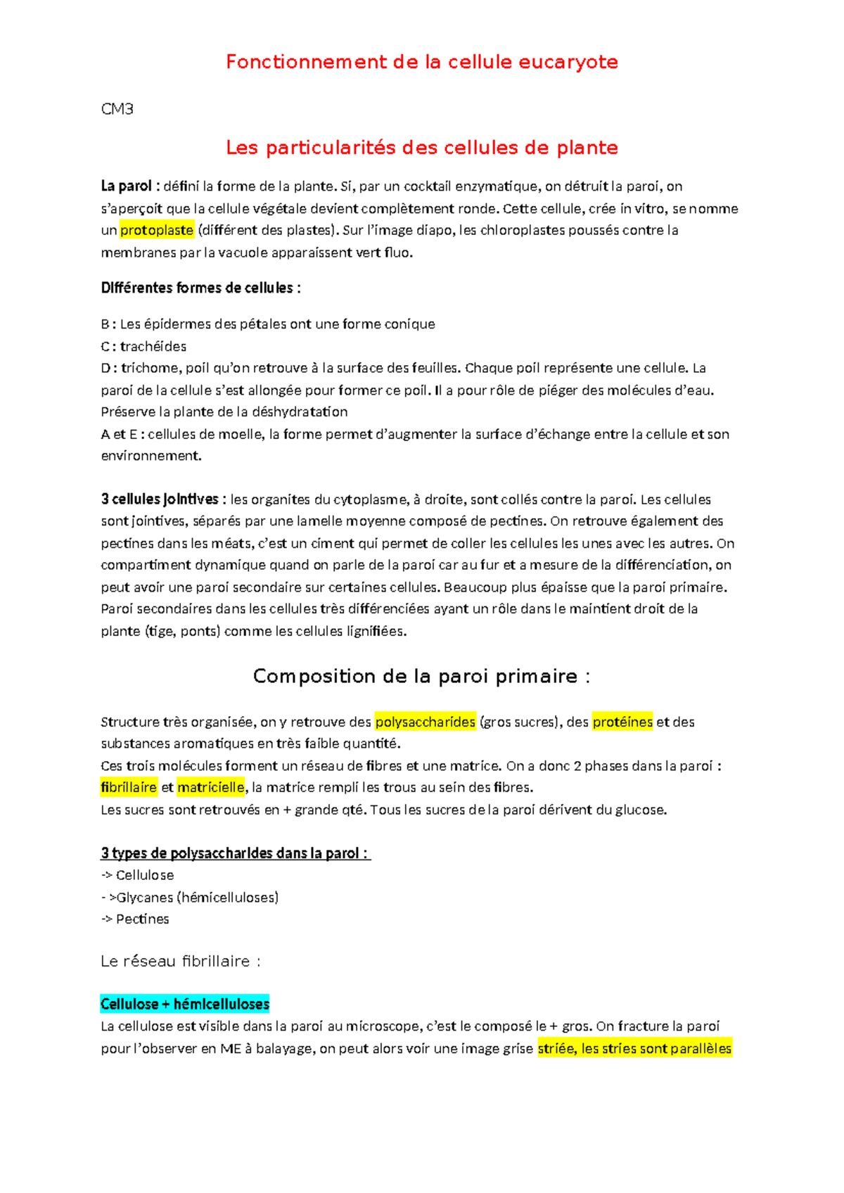 Fonctionnement des Cellules Eucaryotes et Spécificités des Cellules ...