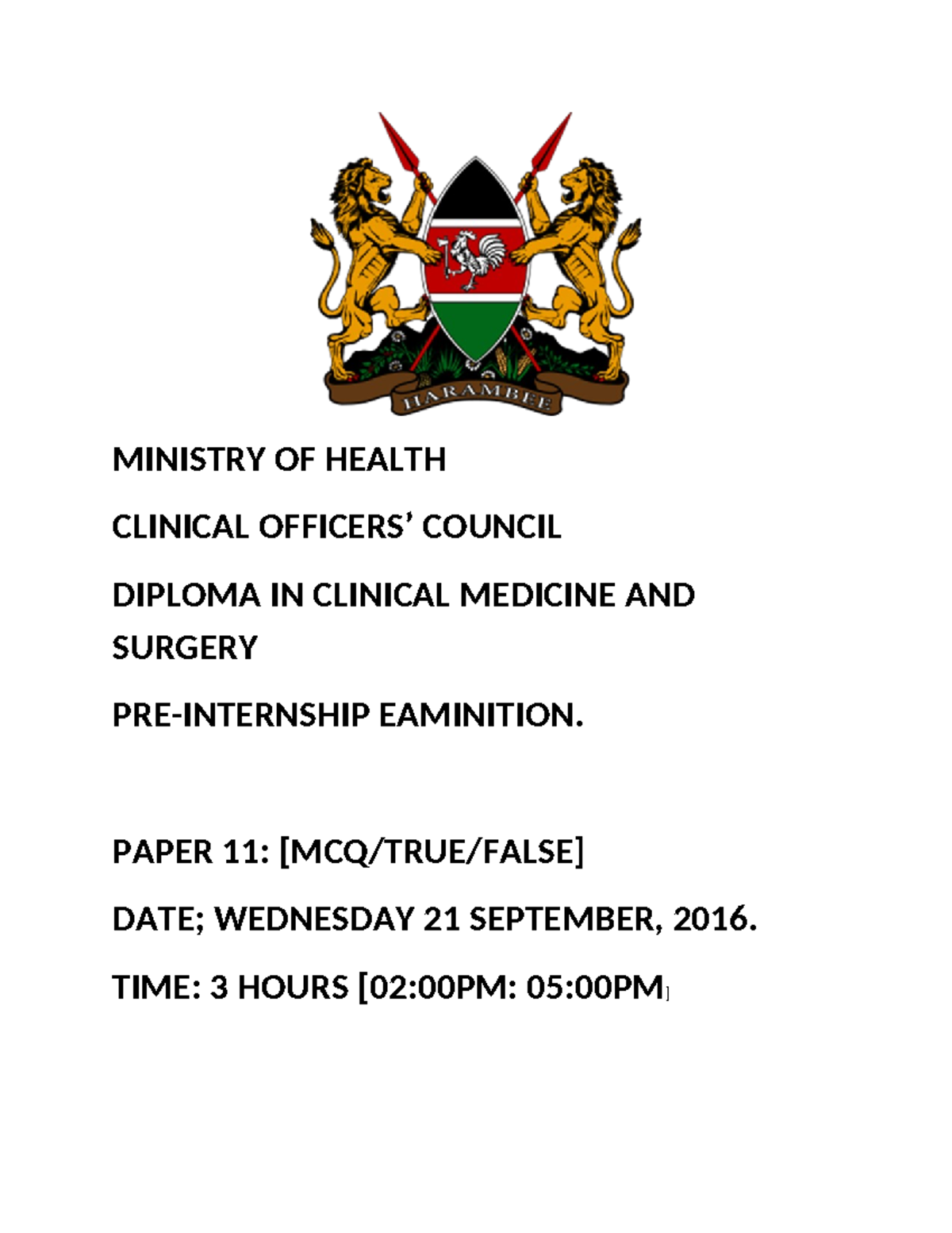 COC DIPLOMA IN CLINICAL MEDICINE PRE-INTERNSHIP EXAM 2016 - Document Preview