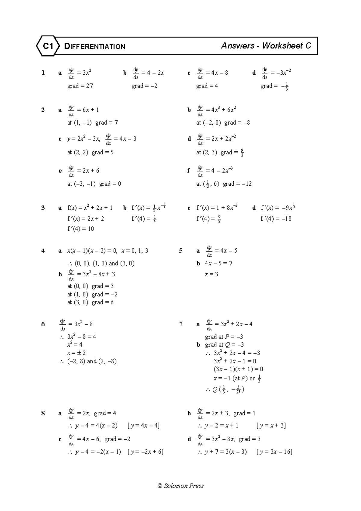 C1 - Answers to Differentiation Worksheet C - Studocu