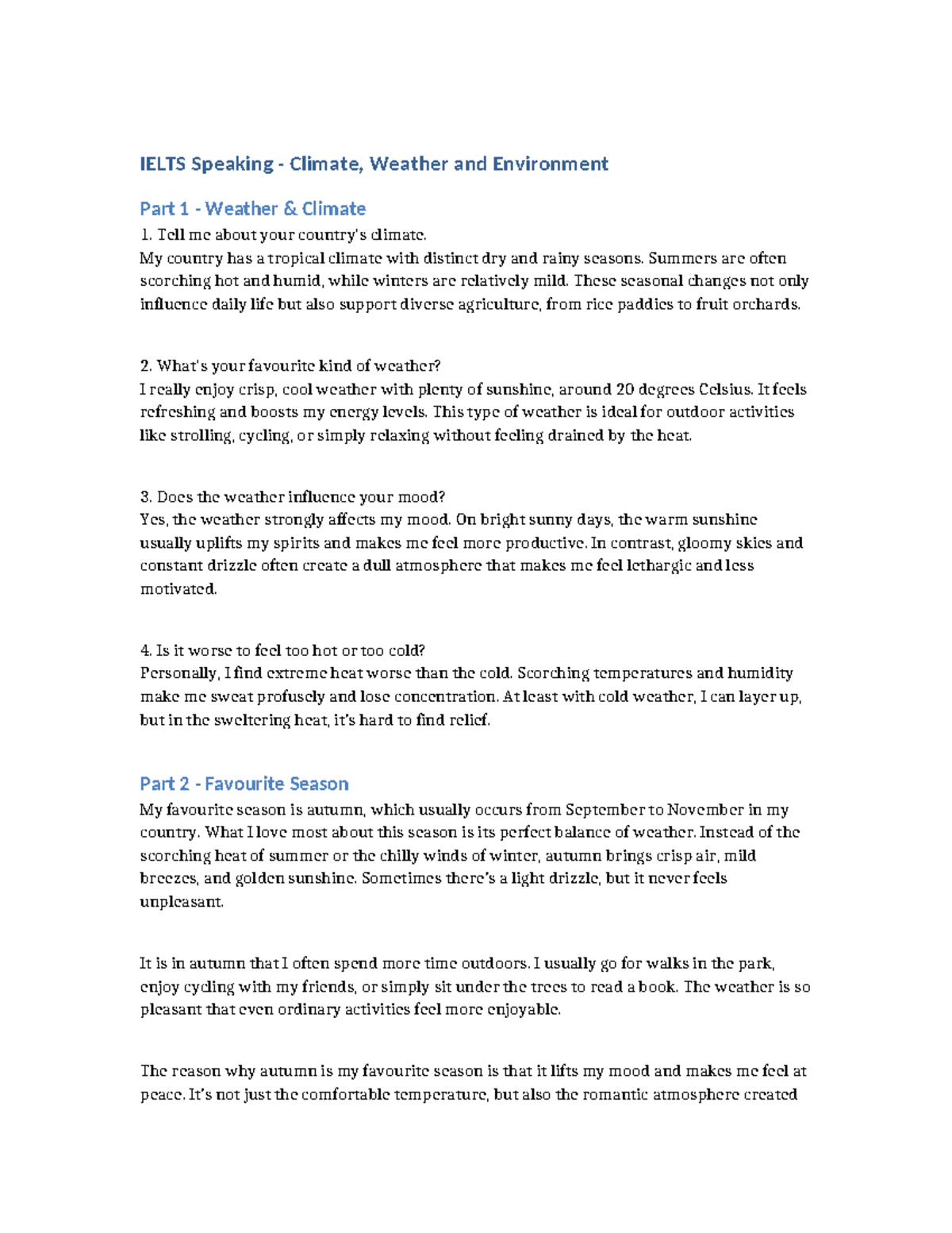 IELTS Speaking: Climate, Weather & Environment Insights - Studocu