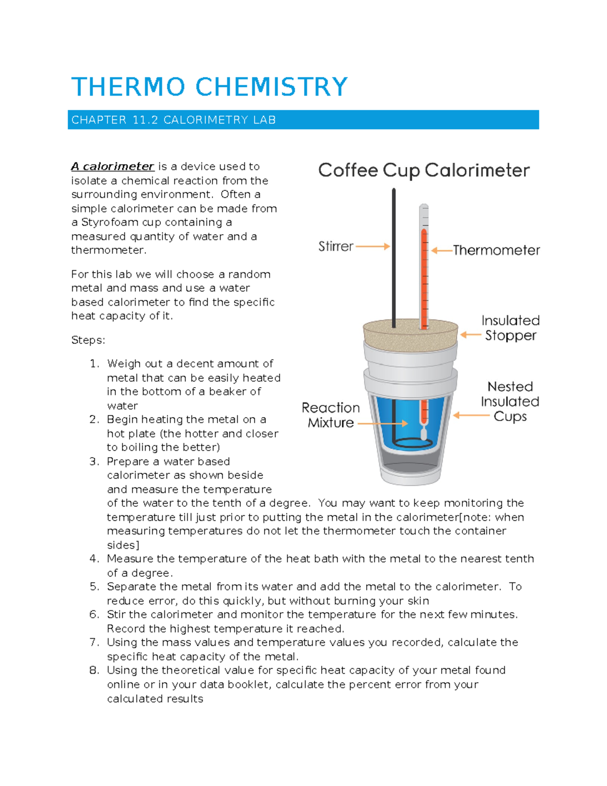 Styrofoam Cup Calorimeter Lab