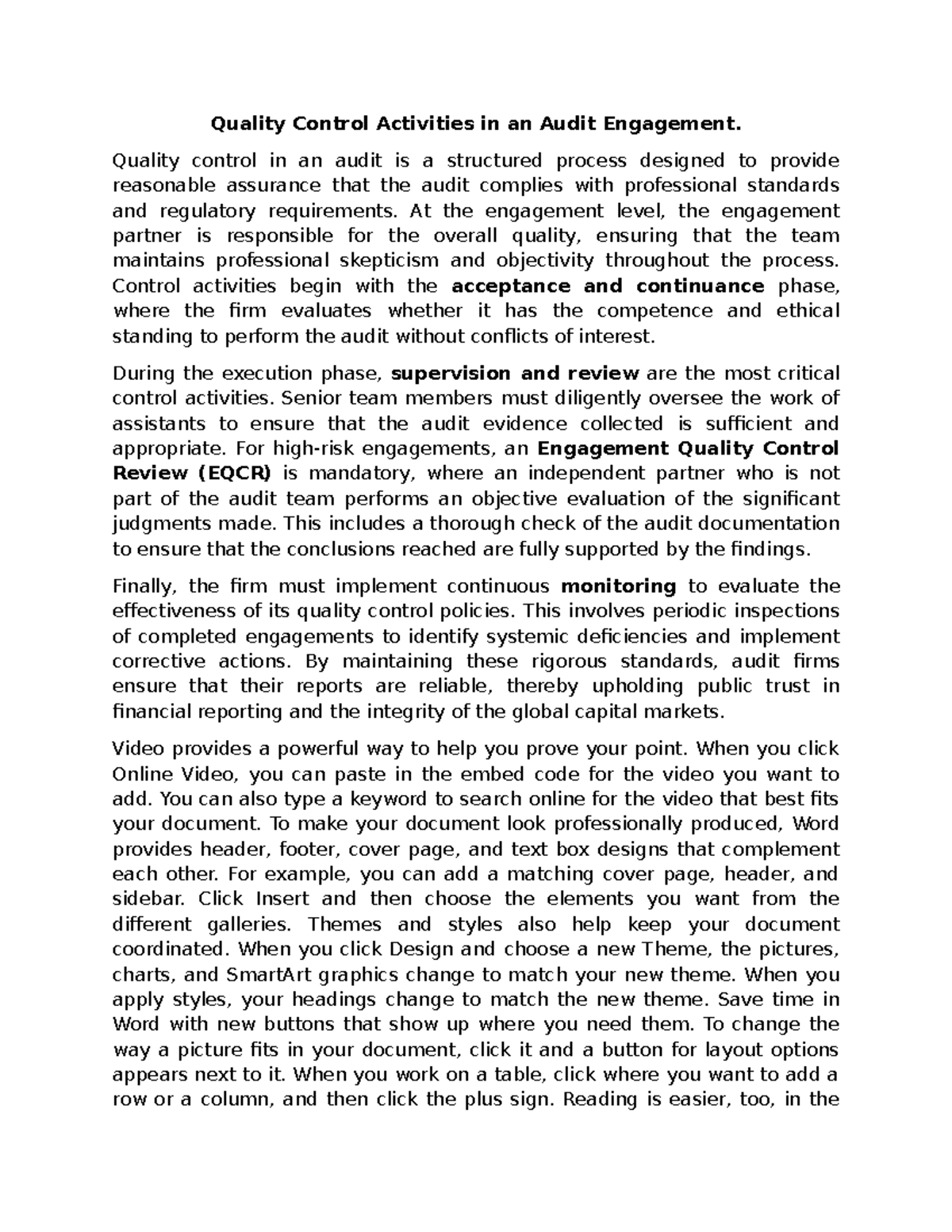 Quality Control in Audit Engagements: Key Activities and Standards ...