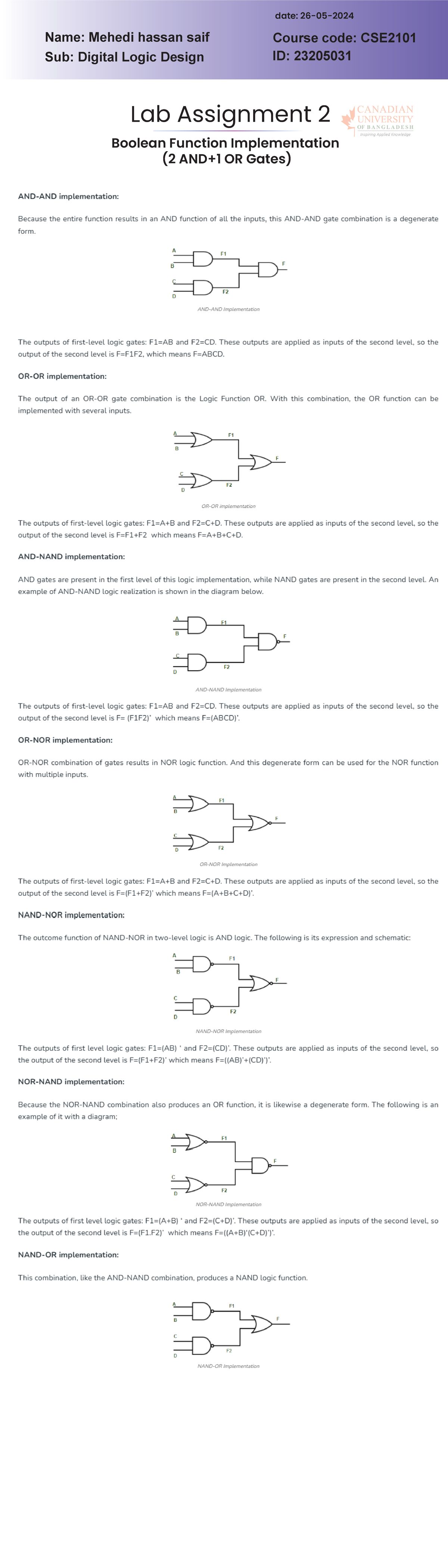 Lab Assignment 2 Boolean Function Implementation (2 AND+1 OR Gates ...