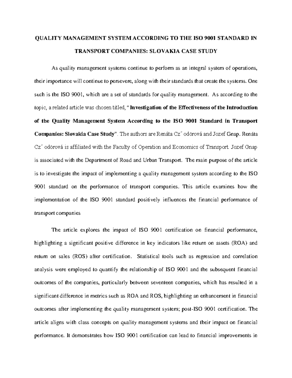 ISO 9001: Quality Management System Impact on Slovak Transport ...