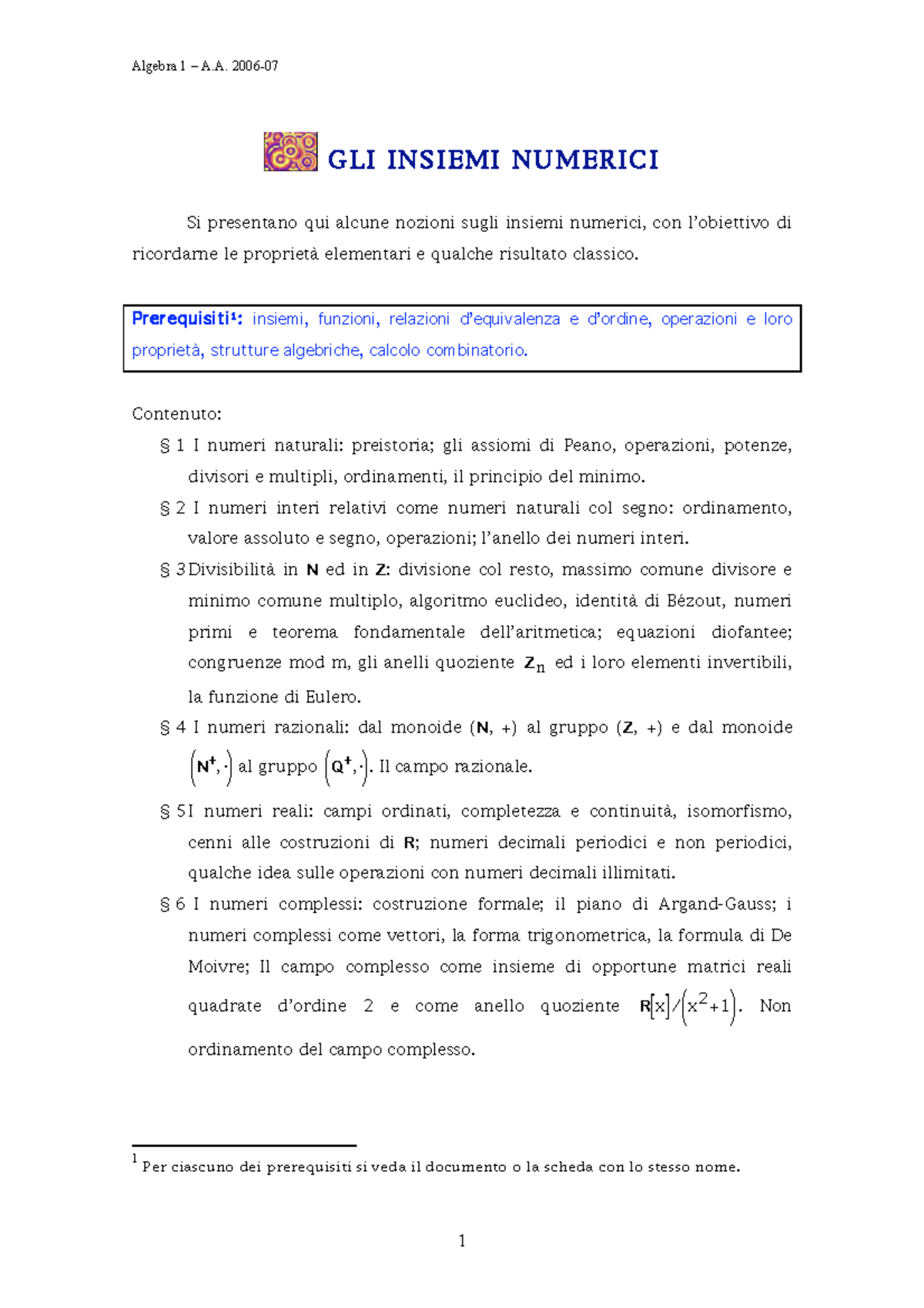 Algebra 1 A.A. - Insiemi Numerici e Proprietà Fondamentali - Studocu