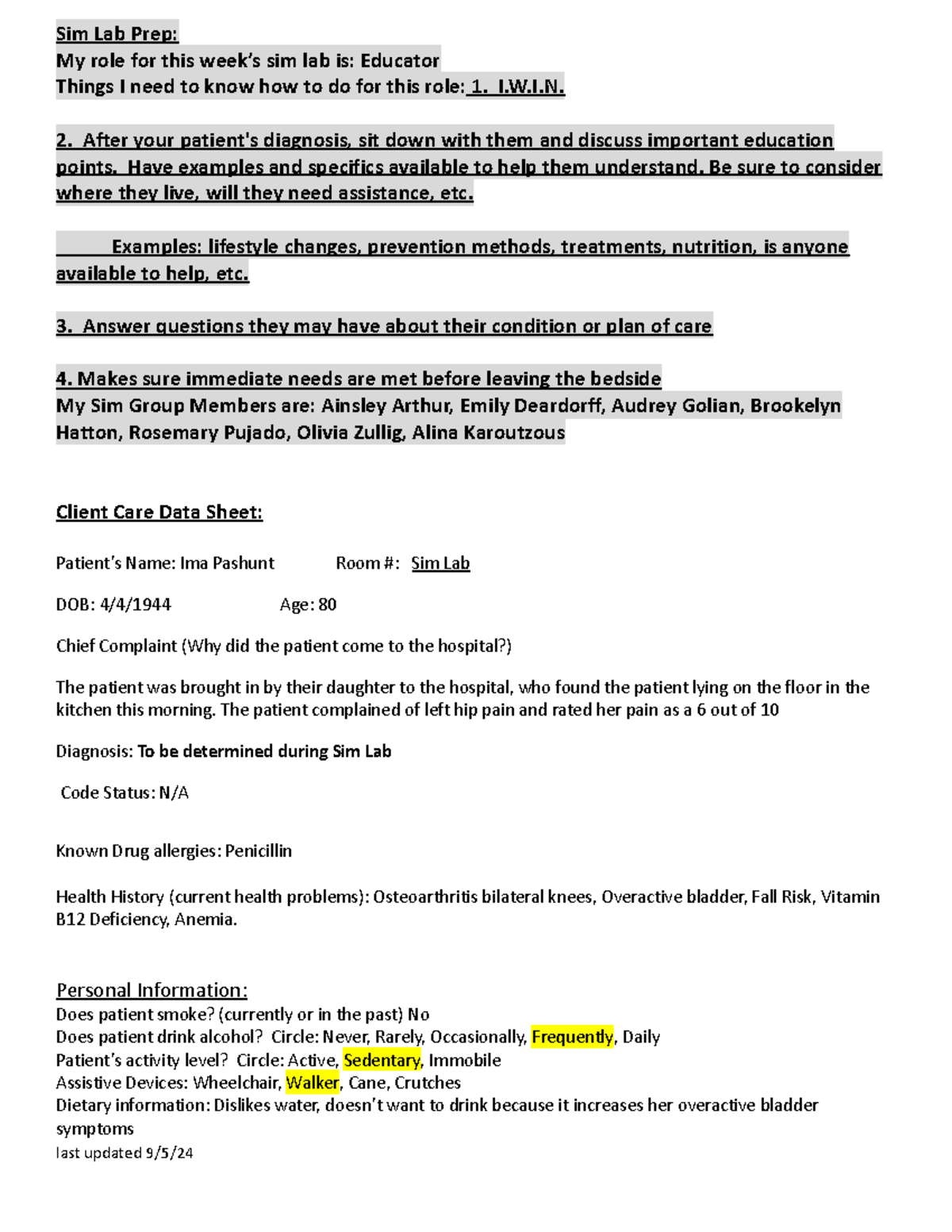 Sim Lab Client Care Data Sheet for Patient Ima Pashunt - Studocu
