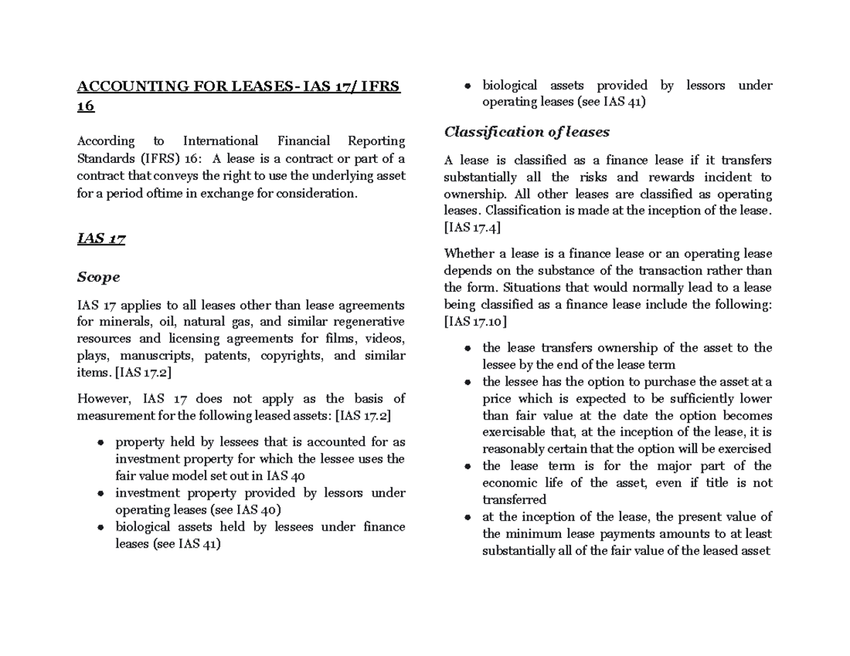 IA3 Lease Accounting - notes - ACCOUNTING FOR LEASES- IAS 17/ IFRS 16 ...