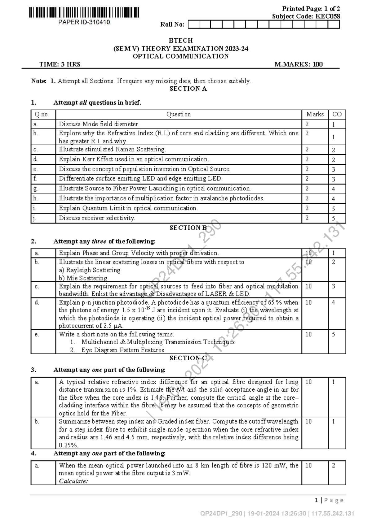 KEC058 BTECH (SEM V) Theory Exam: Optical Communication PYQs - Studocu