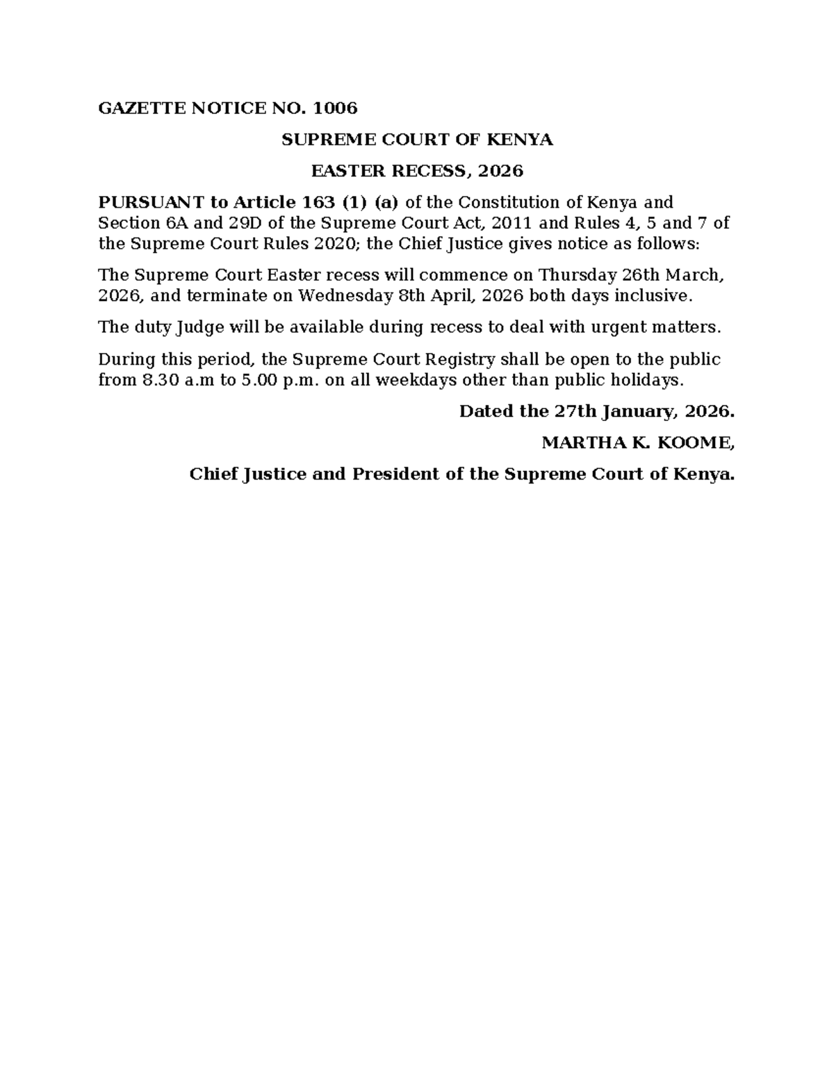 Supreme Court of Kenya Recess Notice: 26 Mar - 08 Apr 2026 - Studocu