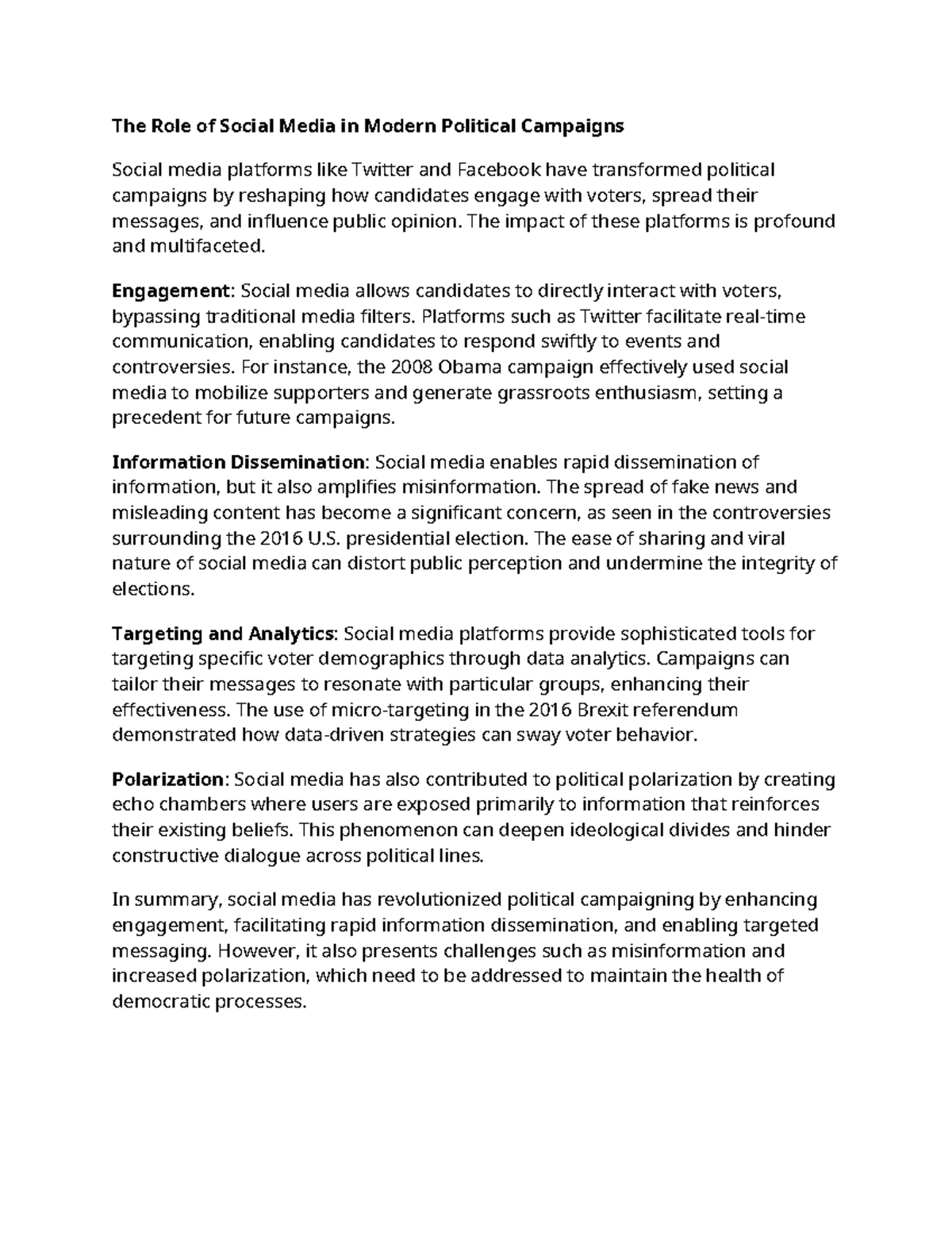 The Role of Social Media in Modern Political Campaigns: Analysis - Studocu