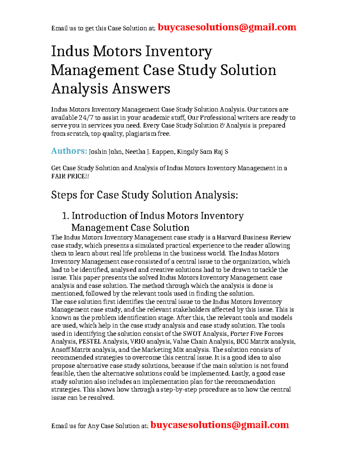 Indus Motors Inventory Management Case Study Solution Analysis - Studocu
