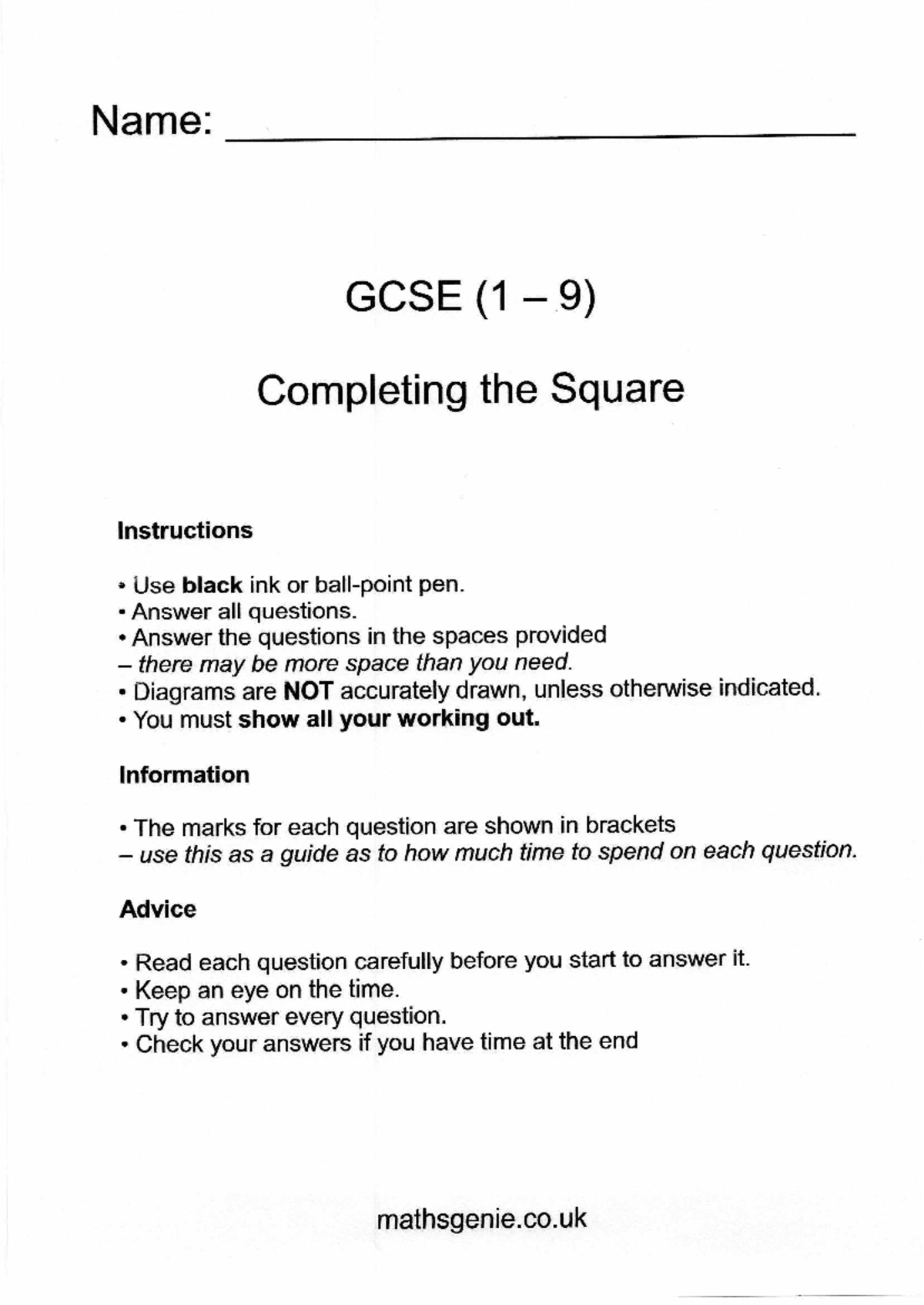 GCSE (1 9) Completing the Square: Detailed Solutions and Instructions ...