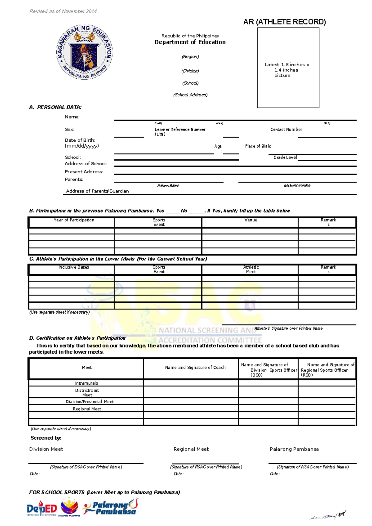 Athlete Participation Forms for School Sports (Lower Meet to Palarong ...