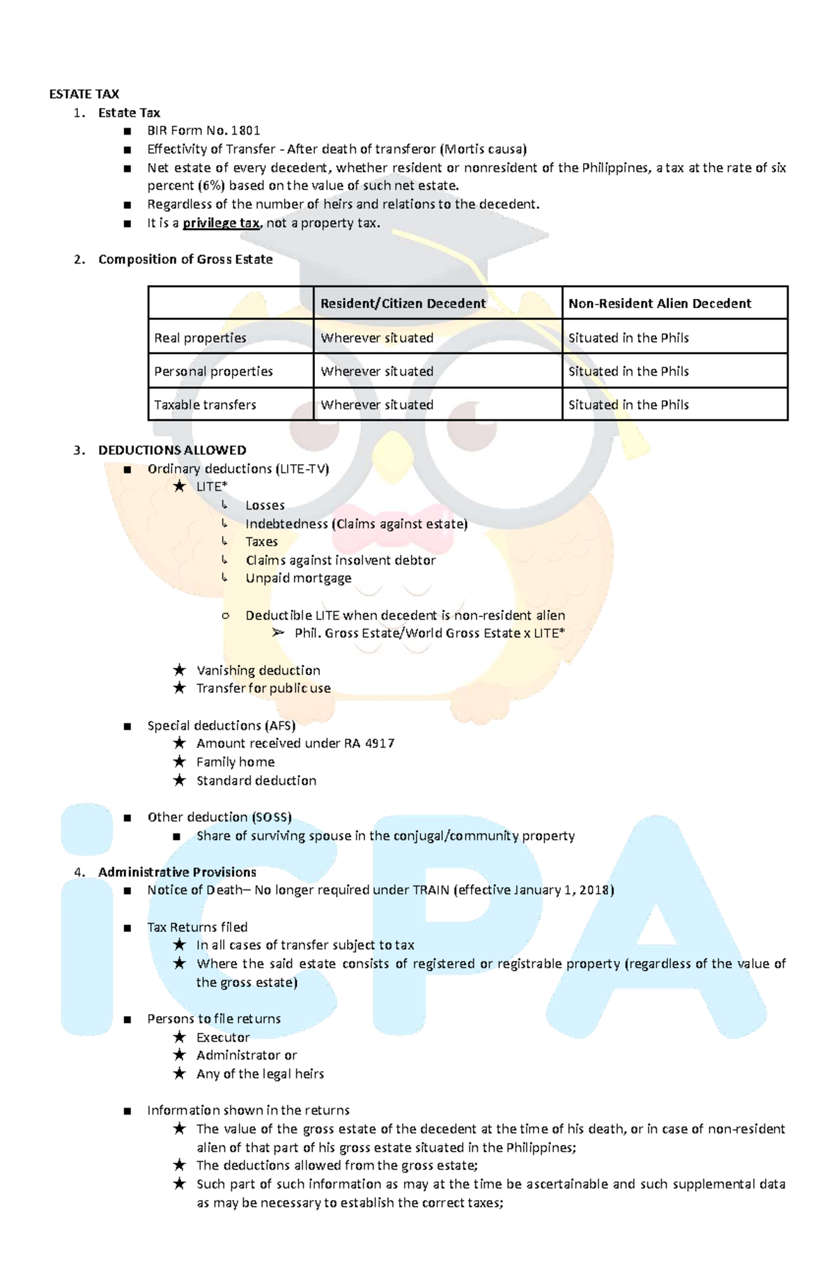 Estate Tax Overview: BIR Form No. 1801 & Key Provisions - Studocu