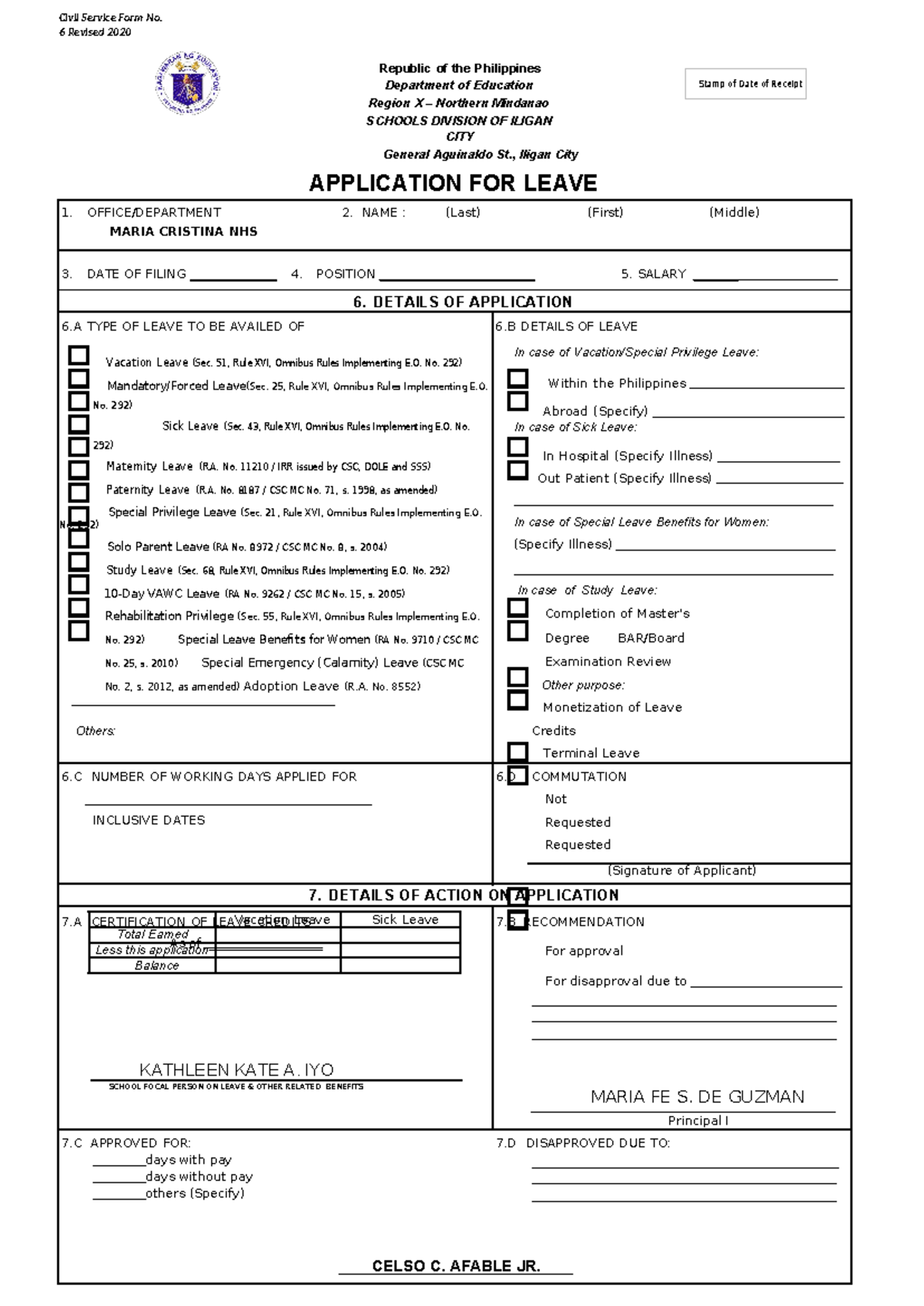 Application for Leave - Civil Service Form No. 6 (Revised 2020) - Studocu