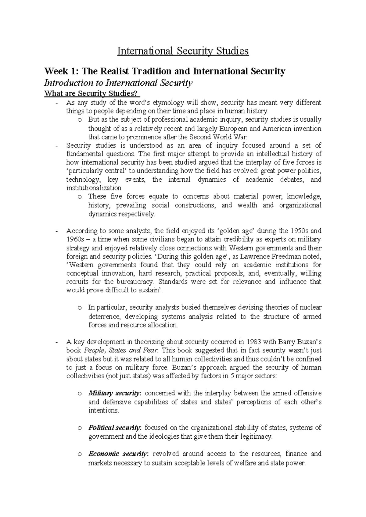 International Security Studies Wk 1: The Realist Tradition Overview ...