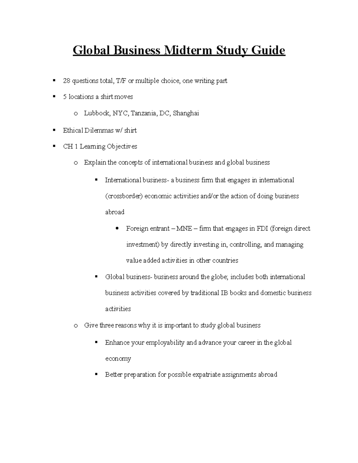 Global Business (MGT 301) Midterm Study Guide Overview and Key Concepts ...