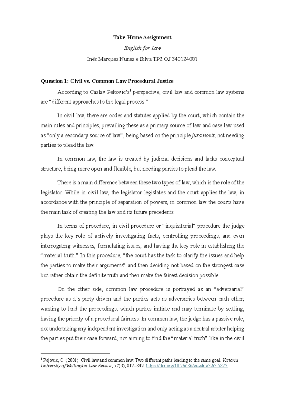 EFL TP2 OJ Assignment: Civil vs. Common Law Analysis - Studocu