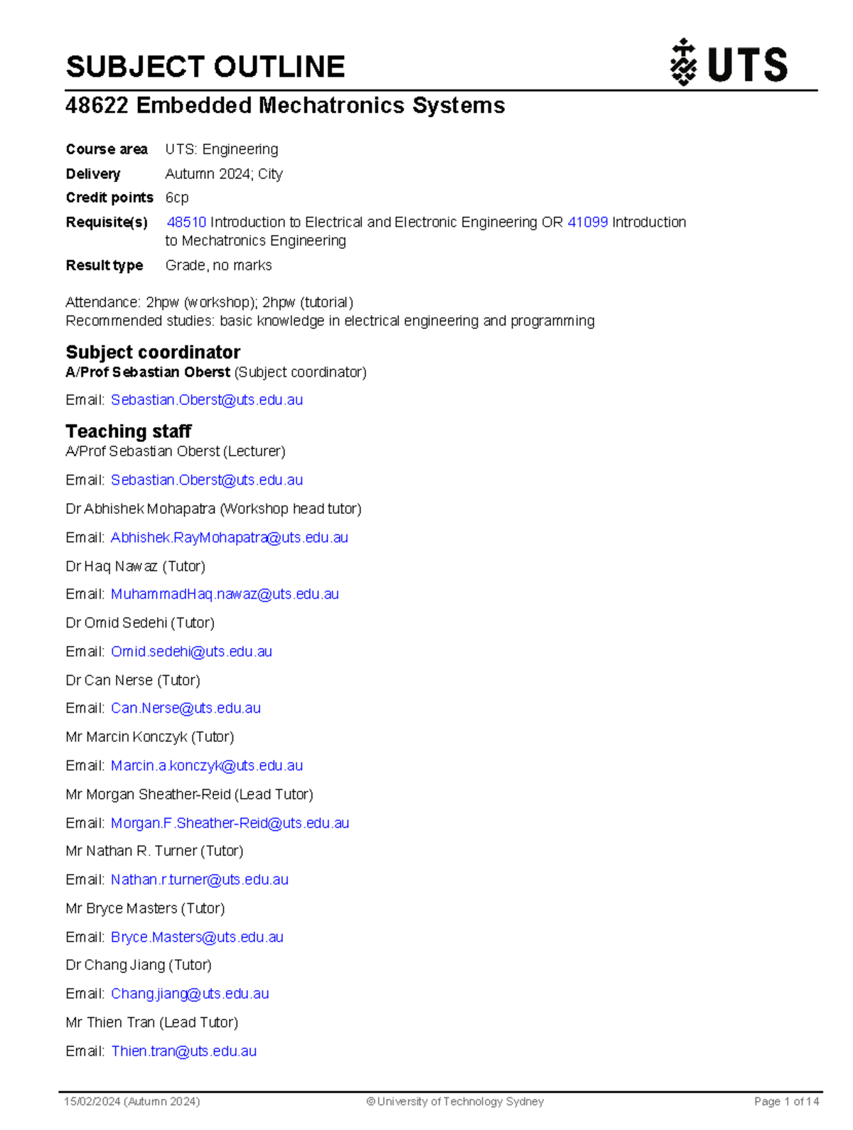 Subject Outline: 48622 Embedded Mechatronics Systems - Autumn 2024 ...