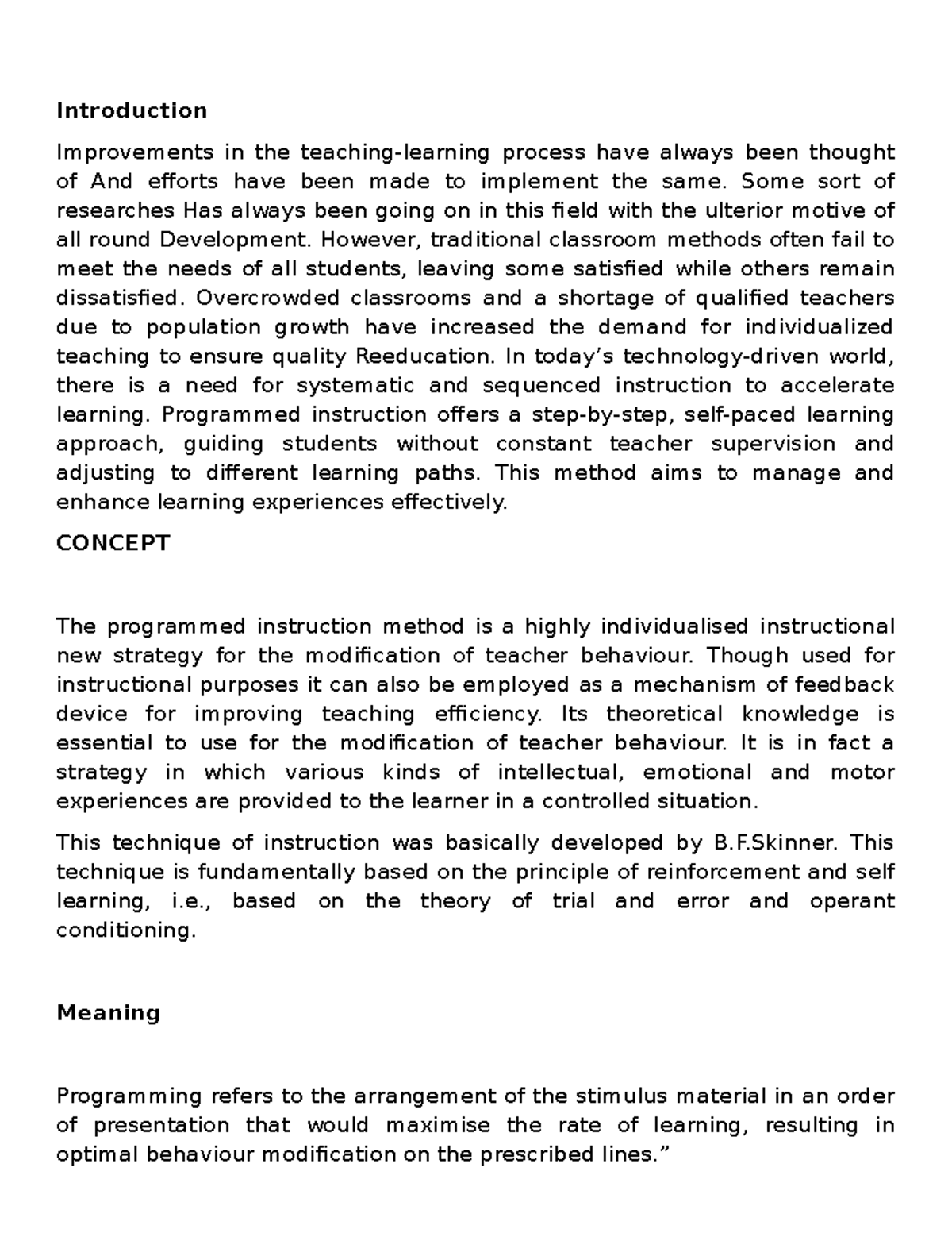 Programmed instruction write up - Introduction Improvements in the ...
