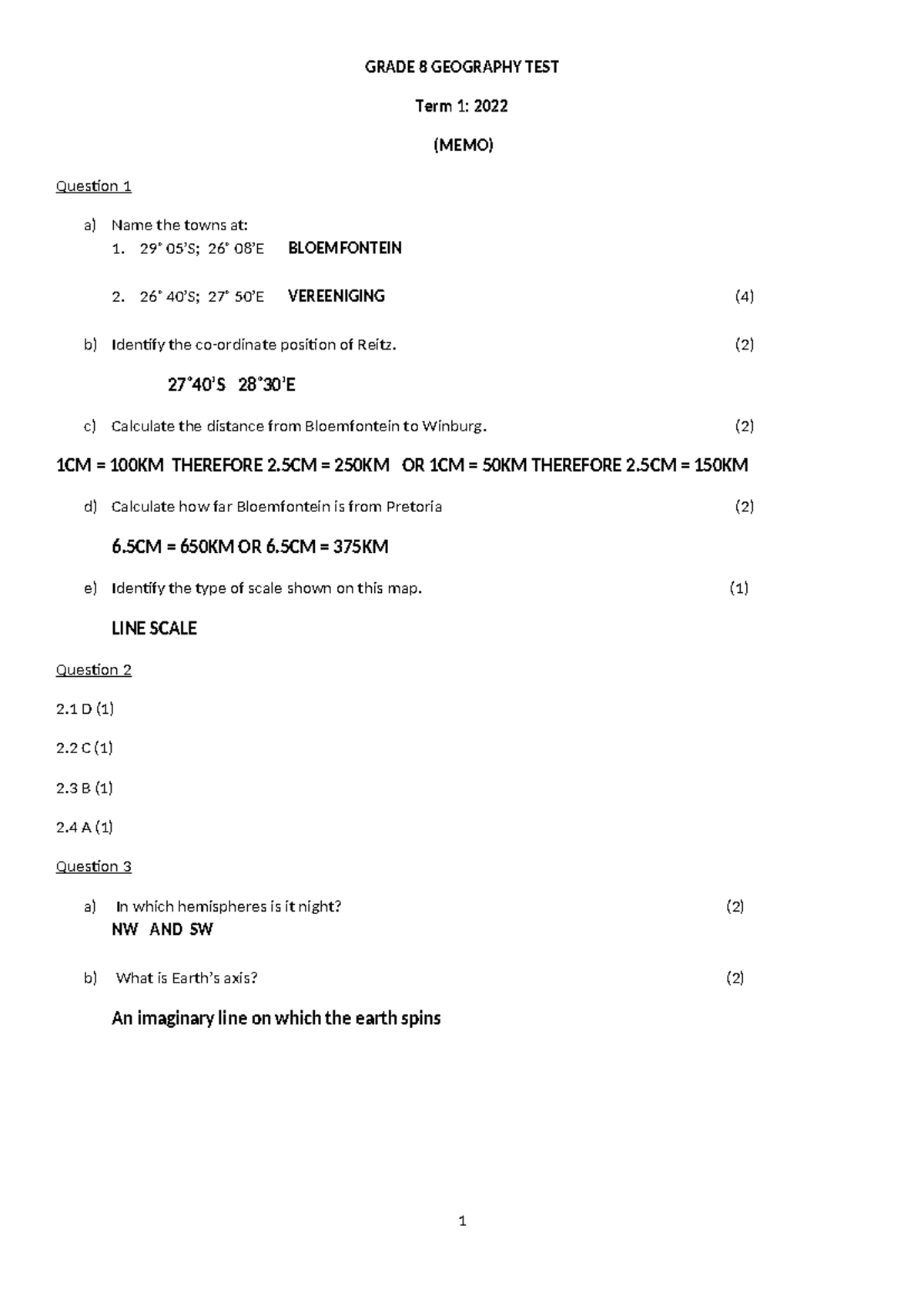 Grade 8 GEOG Term 1 Test Memo: Key Questions & Answers - Studocu
